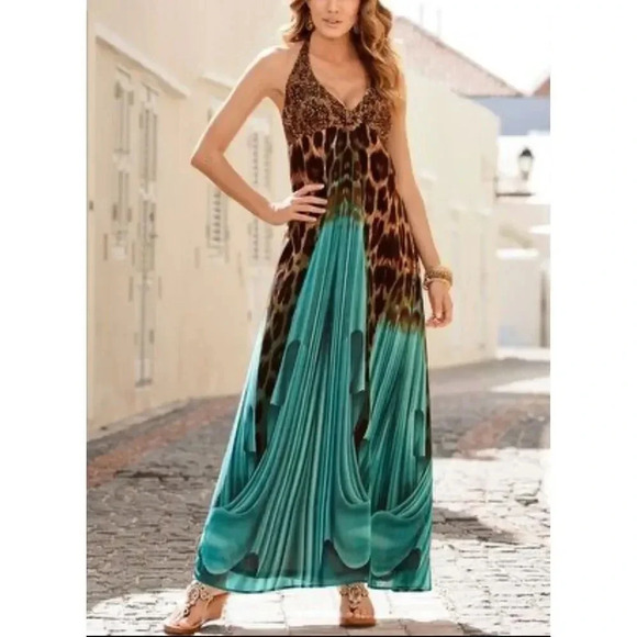 Boston Proper Women's Animal Print Sequin Halter Maxi Dress Size Small - Picture 1 of 8